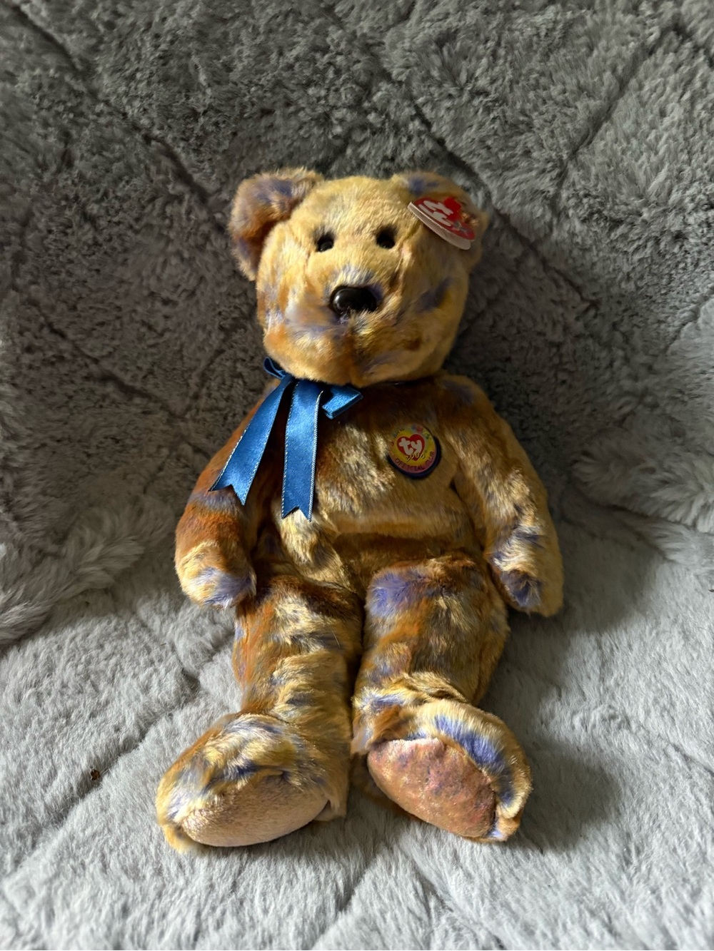 Ty Plush‎ Bear with Blue Ribbon — Multicolor Brown Orange & Purple Fur 2000